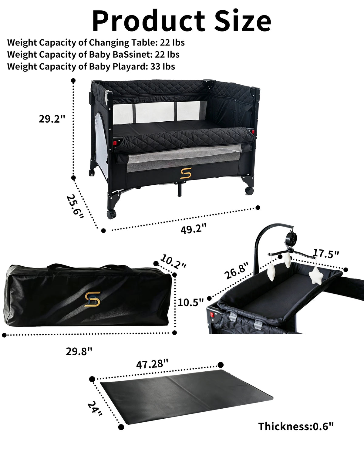 Steanny Pack n Play, All-in-one Playard with Bassinet,Pack and Play,Bedside Sleeper Fodble Travel Cribs with 4Wheels, Changeing Table,Mosquito Net,Toys Bars with Music, Unisex Playpen Combo Bassinet