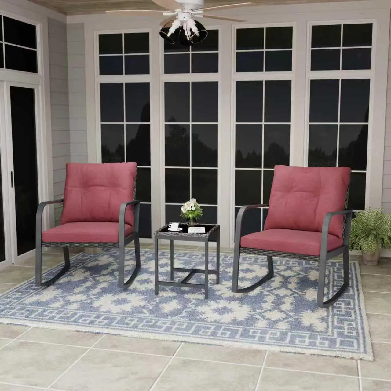 Bistro 3 Piece Patio Set With Rattan Rocking Chairs And Table Outdoor