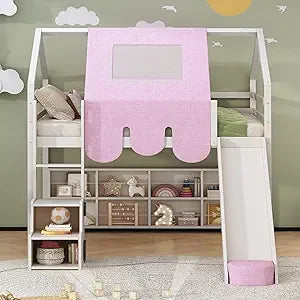 Twin Over Twin Bunk Bed with 2 Drawers, 1 Storage Box, 1 Shelf, Window and Roof, Wood Playhouse Bed Frame for Kids Boys Girls Te