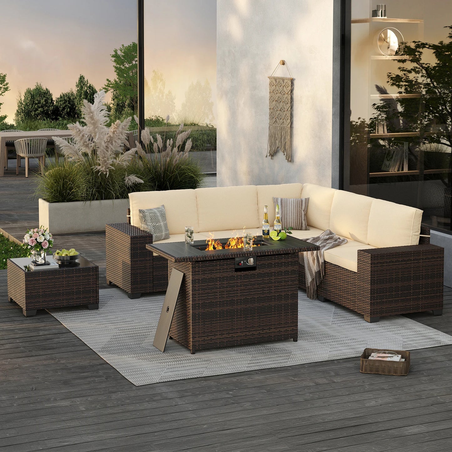 7 Piece Patio Furniture Set With 44 Inch Fire Pit Table Outdoor Rattan Sectional