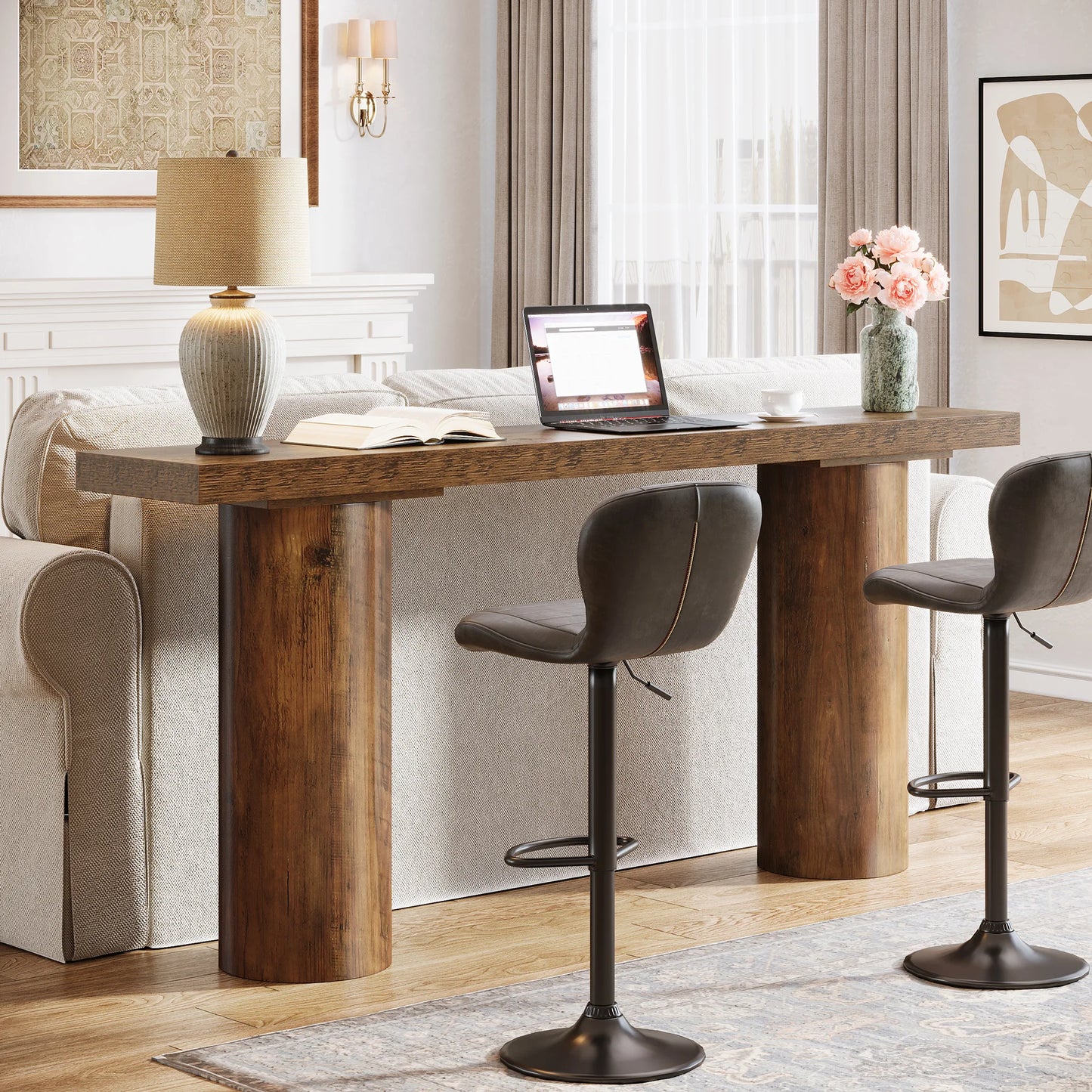 Tribesigns 63" Long Bar Table, Rectangle Kitchen Counter Height Table with Pillar Legs, Narrow Bar Height Pub Table Behind Couch