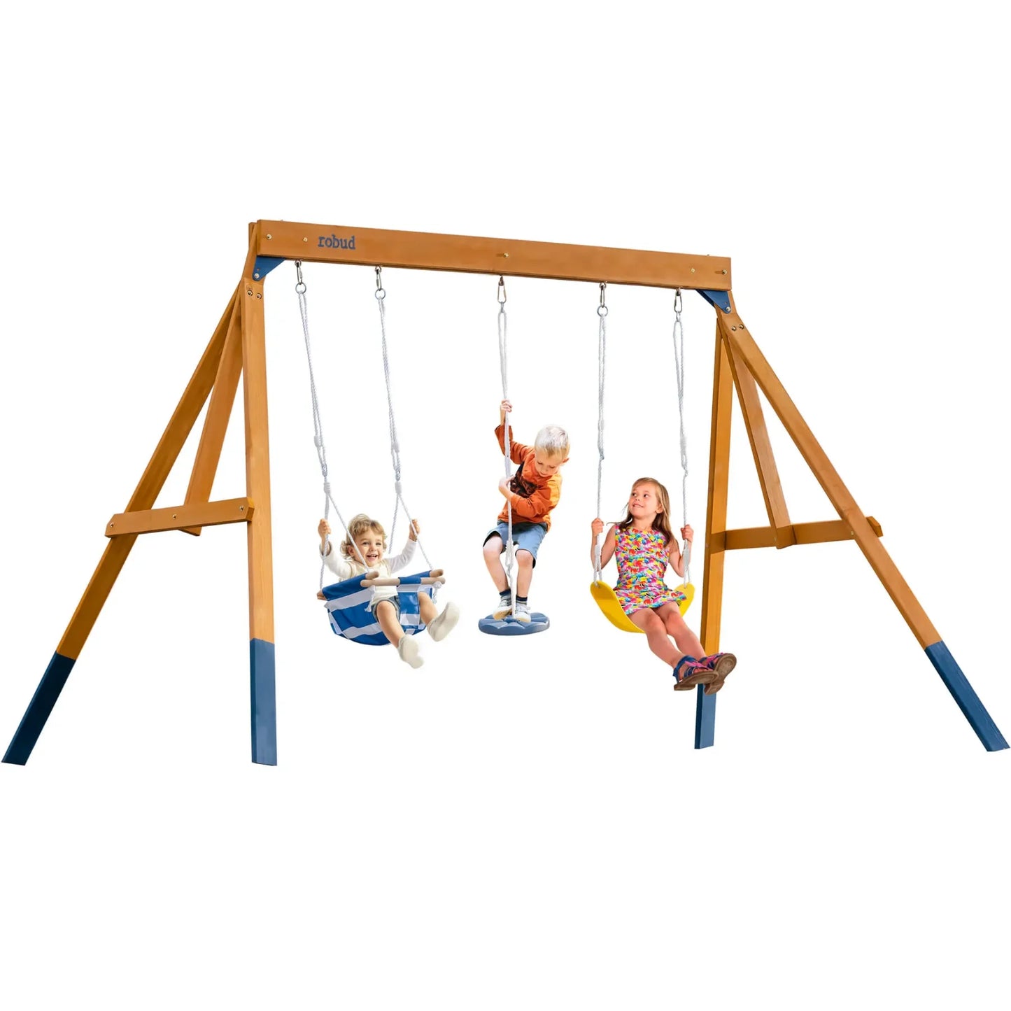 Robotime Robud 3-in-1 Playground Wooden Swing Sets for Backyard DIY Swing Sets with Tree Swing and 2 Toddler Swings for Kids 3+