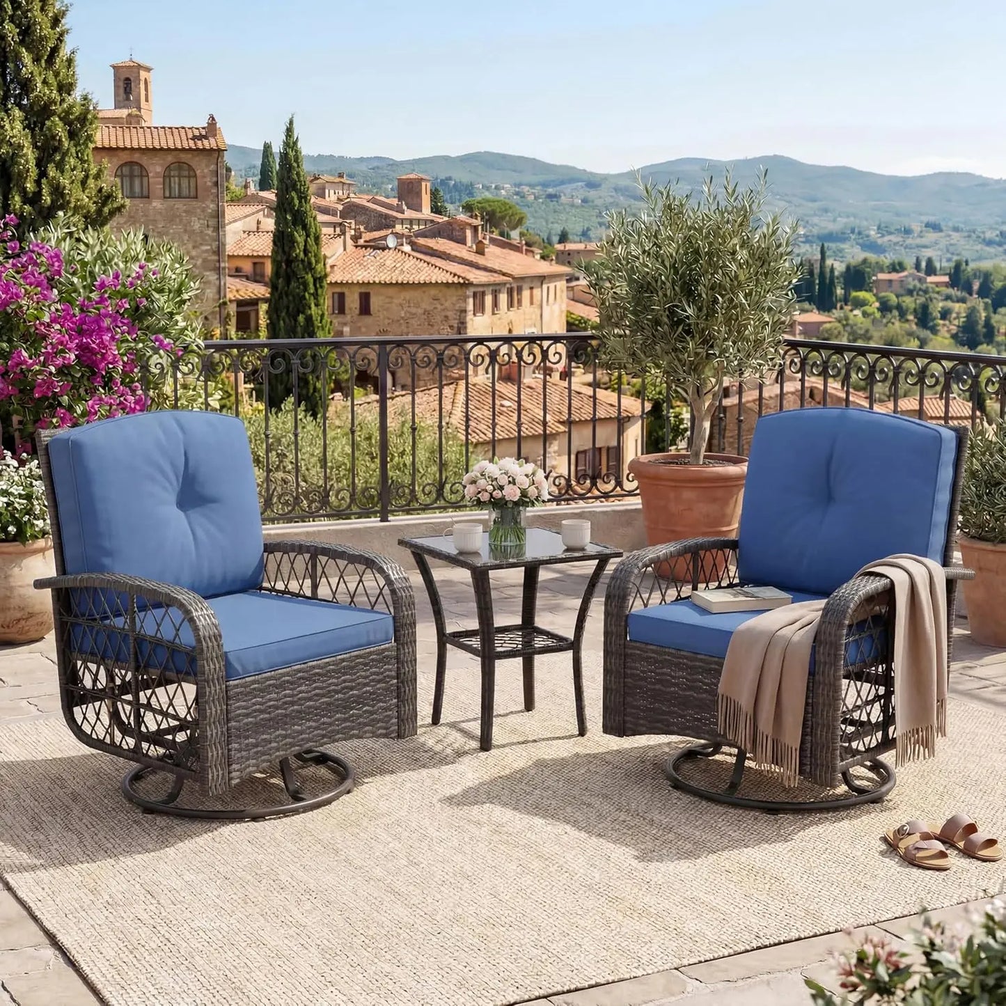 3 Piece Patio Furniture Set, Outdoor Swivel Glider Rocker Chairs With Washable Cushions & Glass Table For Porch Backyard