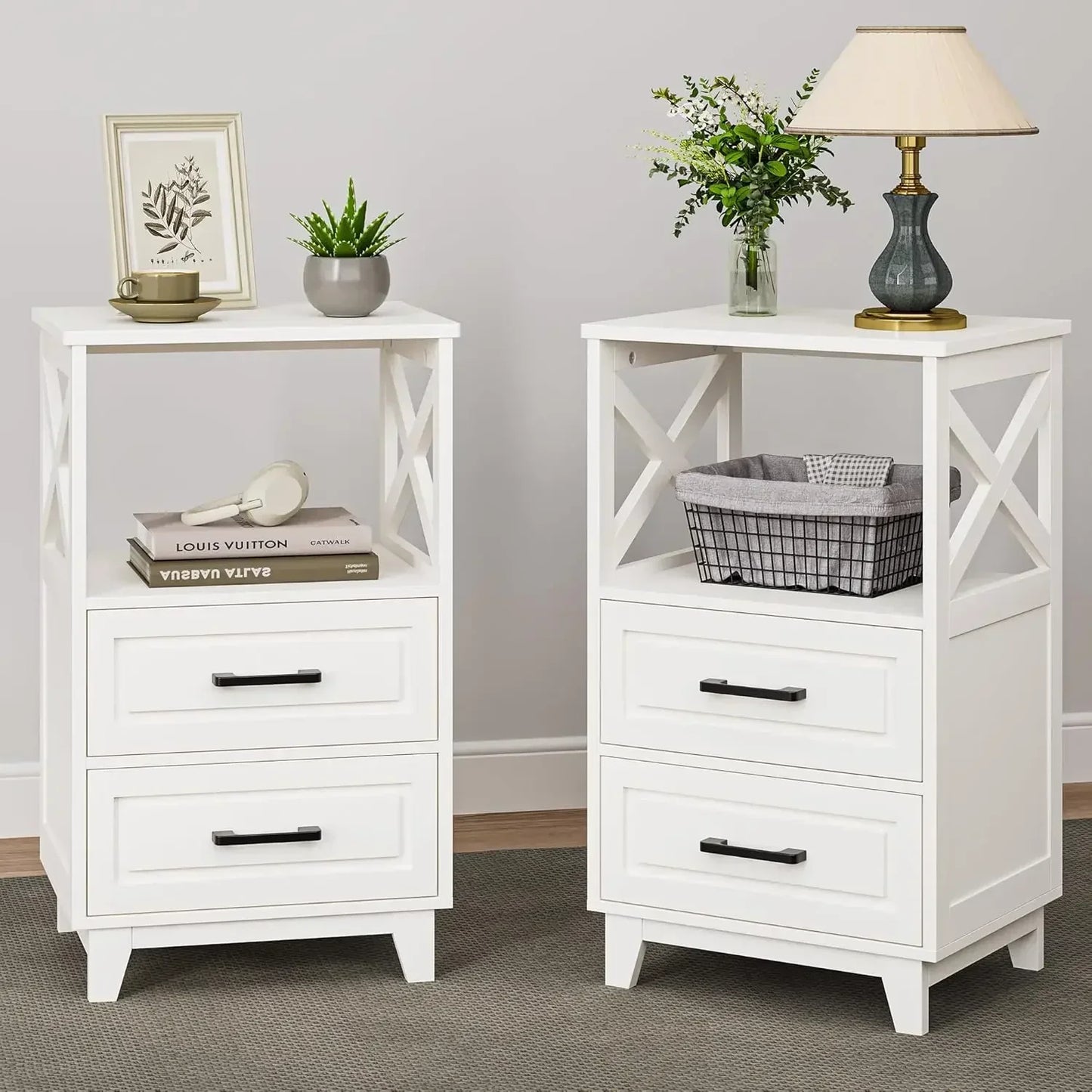 Tall Nightstand Set Of 2 White Side Tables With 2 Drawers