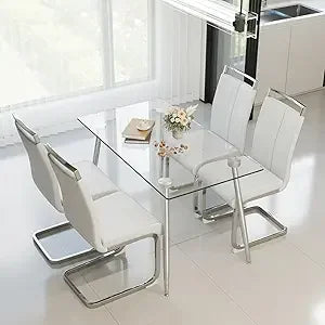 Glass Dining Table Set For 4 Modern Rectangle Chairs
