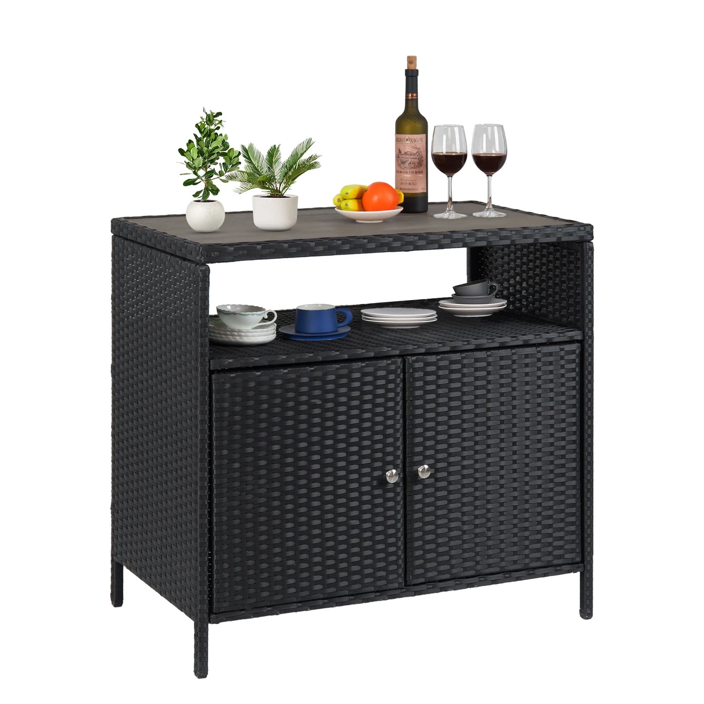 Patio Bar Table with 2-Door and Shelf, Outdoor Wicker Storage Cabinet with Shelf, Resin Wicker Cabinet Patio Pool Garden Kitchen