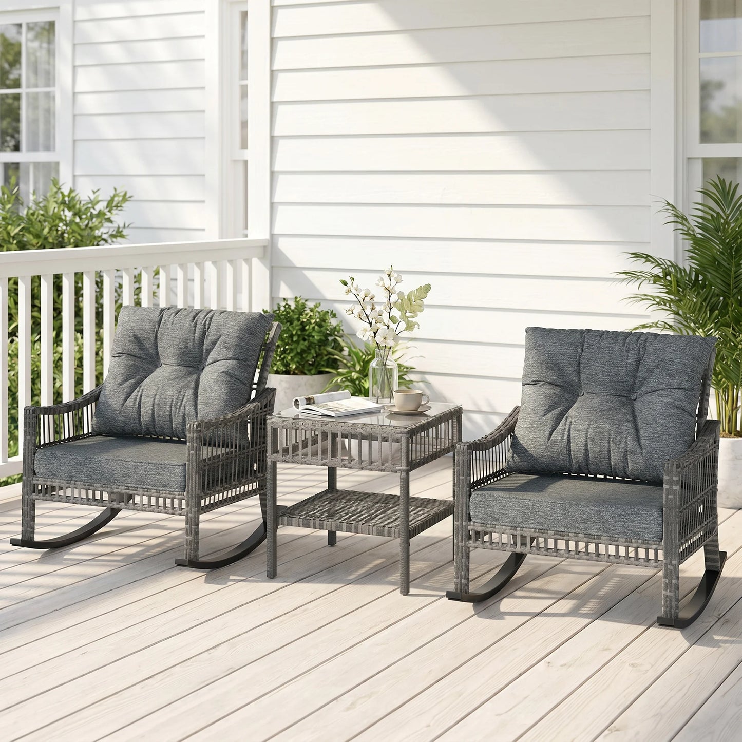 3 Piece Grey PE Rattan Outdoor Rocking Chair Set With Glass Table