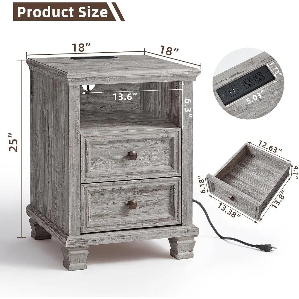 Grey Farmhouse Nightstands Set of 2 with Charging Station
