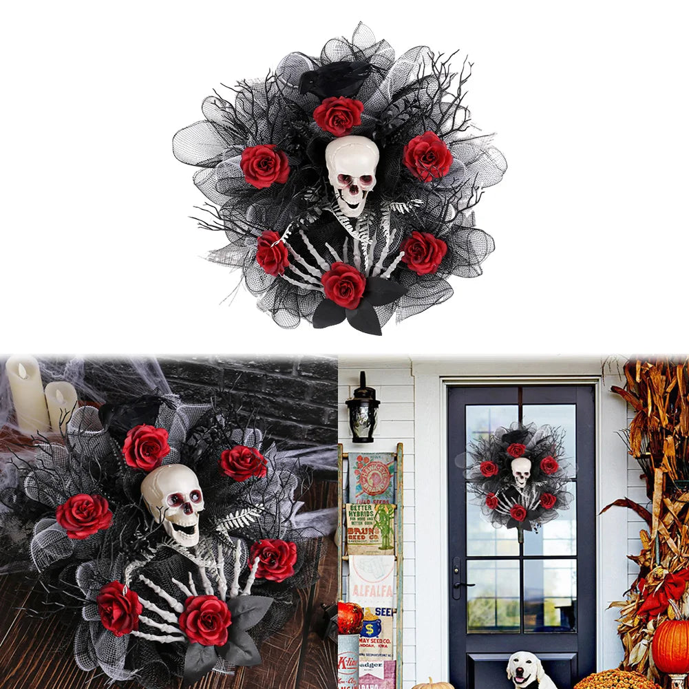 Halloween Wreath Skull Wreath with Red Artificial Roses Halloween Skeleton Wreath for Front Door Halloween Decorations