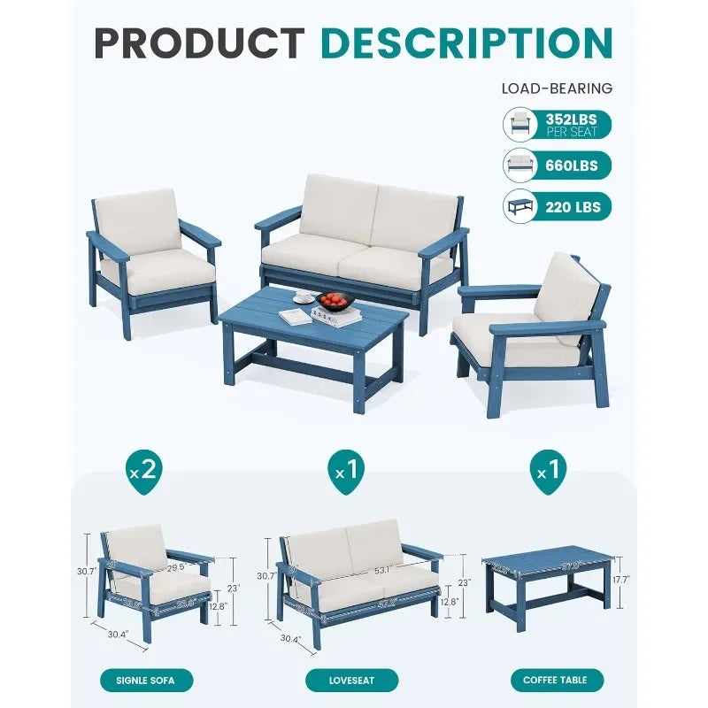 Outdoor Furniture Set, 4 Piece All Weather Outdoor Sofa Set, Wood-Like Outdoor Sectional Couch
