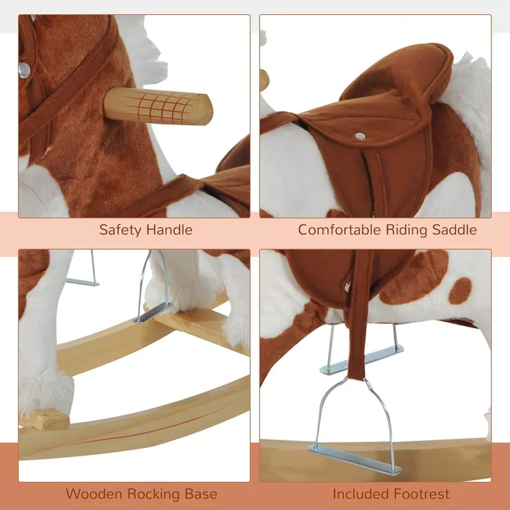 Toddler Ride On Wooden Rocking Horse Plush Seat Nursery Rhyme Music Brown