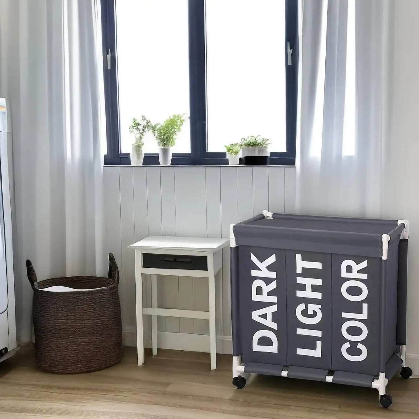 Wheeled Laundry Hamper with Lids 150L 3 Section Sorter Gray