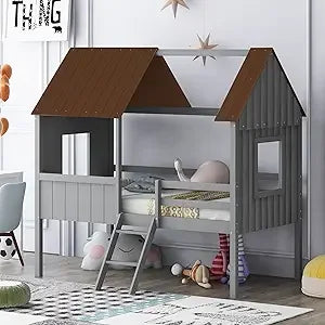 Twin House Bed for Kids Wood Low Loft Bed Frame with Windows and Roof, Easy Assembly, for Girls Boys (White+Gray)
