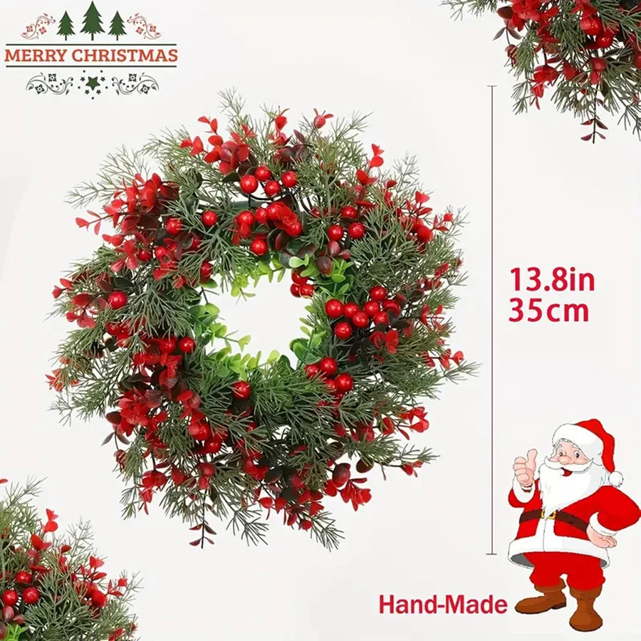 1Pc, Charming 13.8in Christmas Wreath with Red Eucalyptus Berries - Perfect for Front Door, Fireplace Mantle & Window Decor