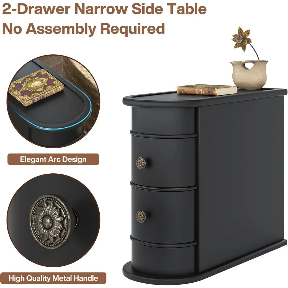 Black Wood End Table Set Of 2 Narrow 2 Drawer Slim
