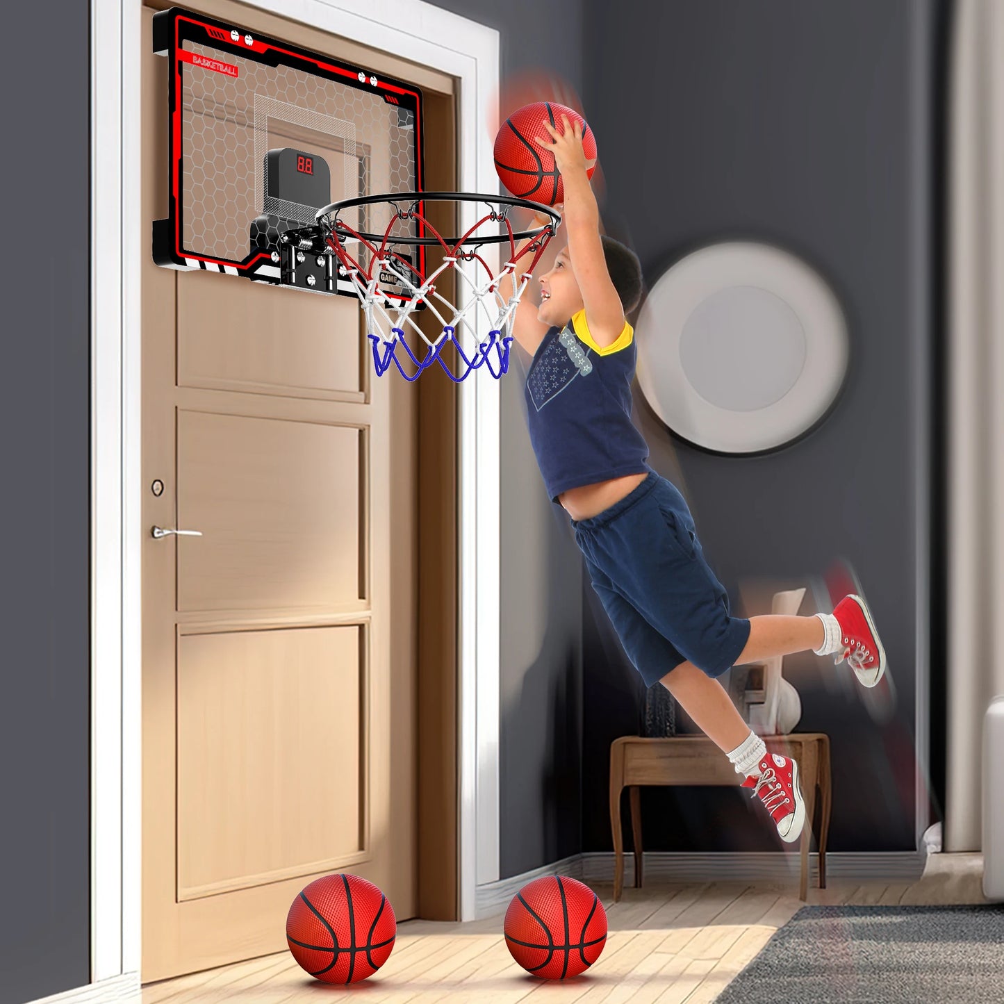 Mini Basketball Hoop For Kids,Basketball Hoop Over The Door with Scoreboard,Sports Toys Gifts for 4 5 6 7 8 9 10 Year Old Boys