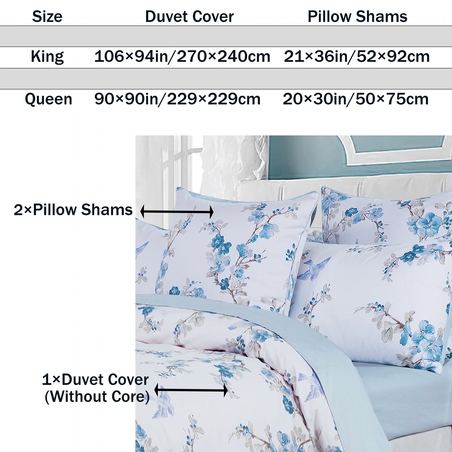3Pcs 600TC 100 Percent Egyptian Cotton Duvet Cover Set Blue Watercolor Floral