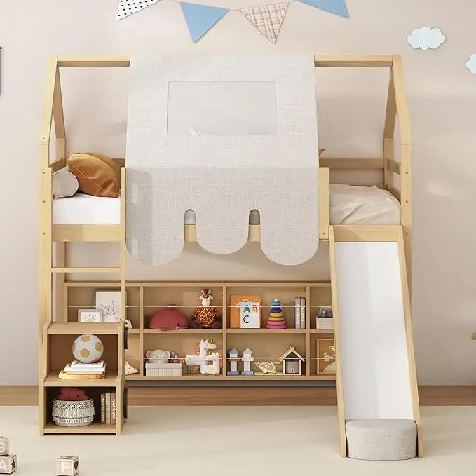 Twin Over Twin Bunk Bed with 2 Drawers, 1 Storage Box, 1 Shelf, Window and Roof, Wood Playhouse Bed Frame for Kids Boys Girls Te