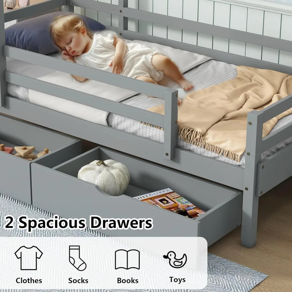 Twin Size Kids House Bed with Storage Drawers, Wooden Twin Bed Frame for Kids with Blackboard for Bedroom, Modern Montessori Twi