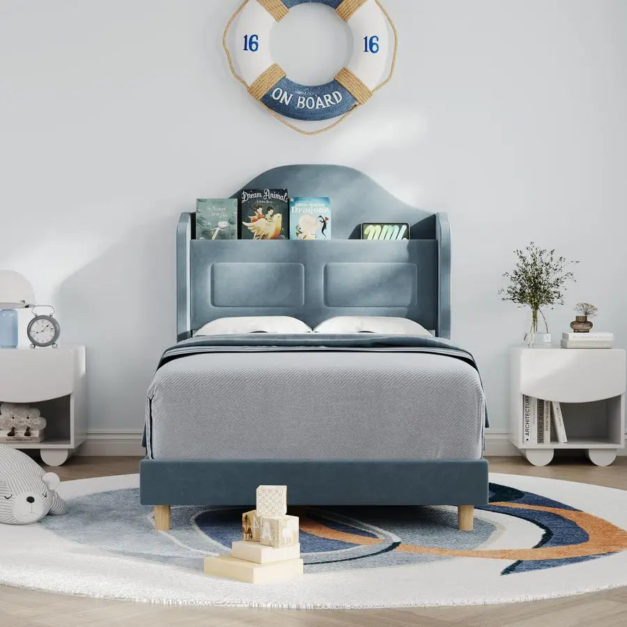 Twin Kids Velvet Platform Bed Frame With Storage Bookcase Headboard LED