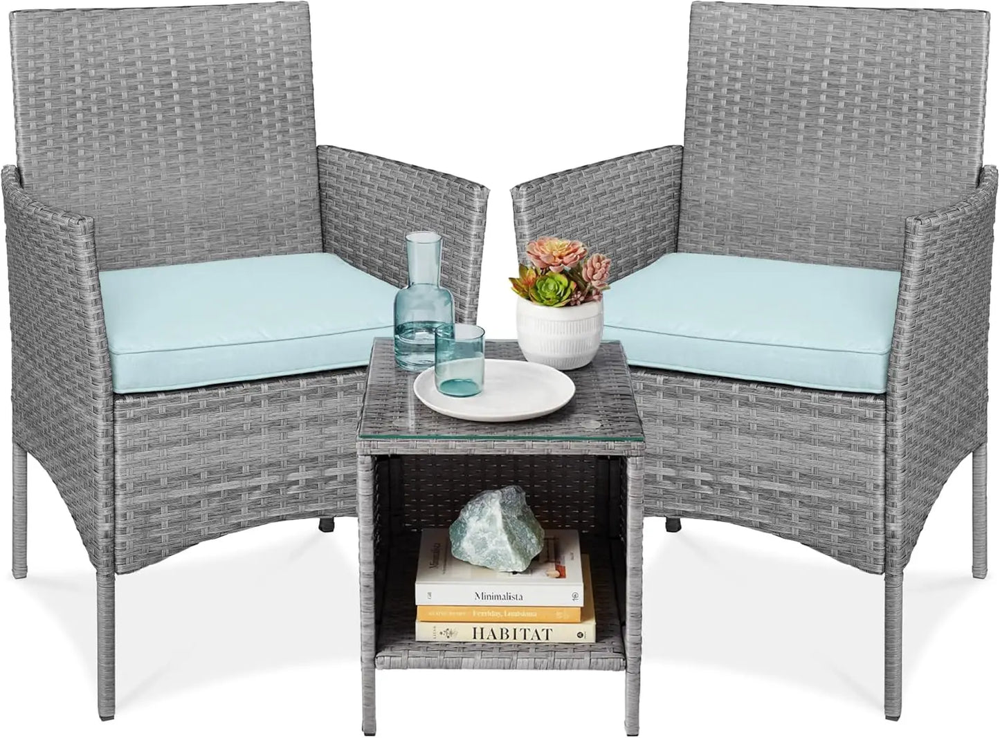 3-Piece Outdoor Wicker Conversation Bistro Set, Space Saving Patio Furniture for Garden w/Side Table