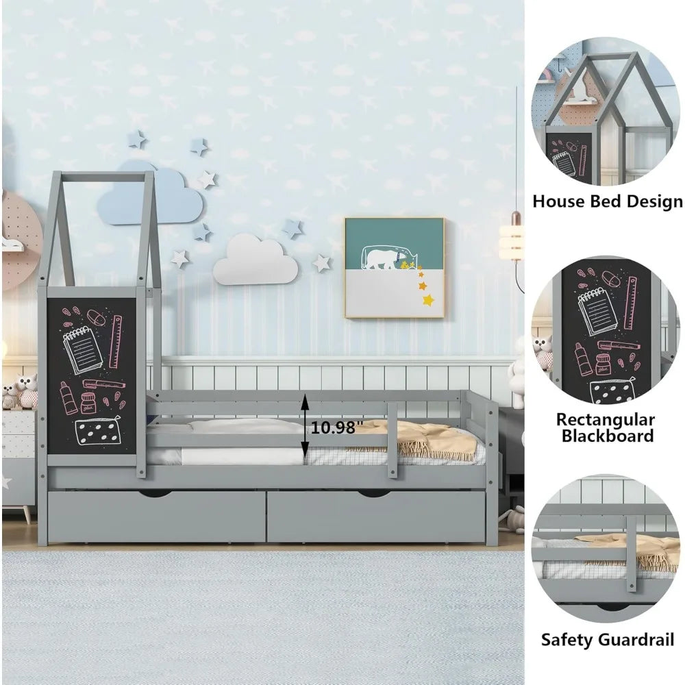 Twin Size Kids House Bed with Storage Drawers, Wooden Twin Bed Frame for Kids with Blackboard for Bedroom, Modern Montessori Twi