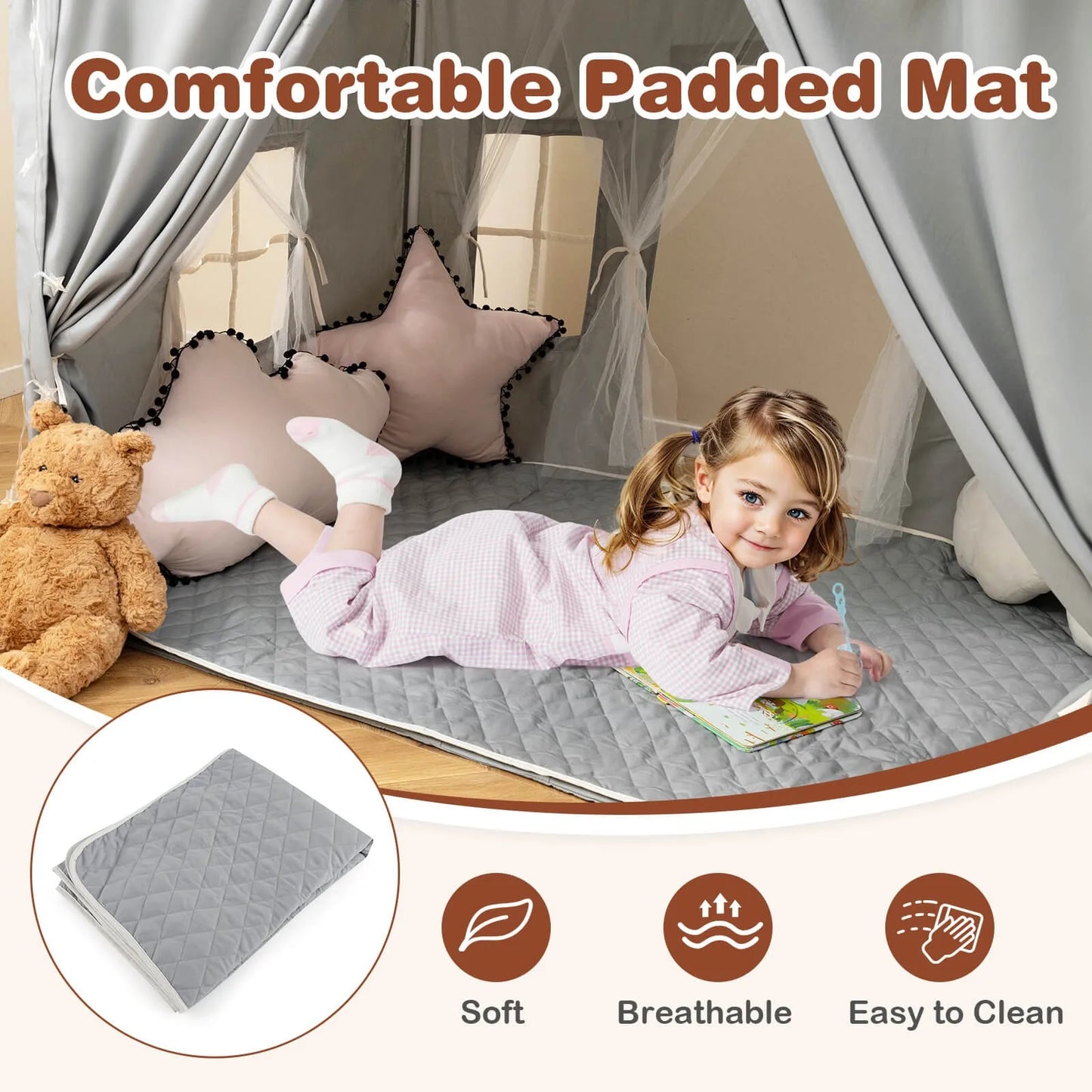 3-4 Kids Large Play Tent House w/ 2 Opening Doors Star Lights & Plaid Pennants