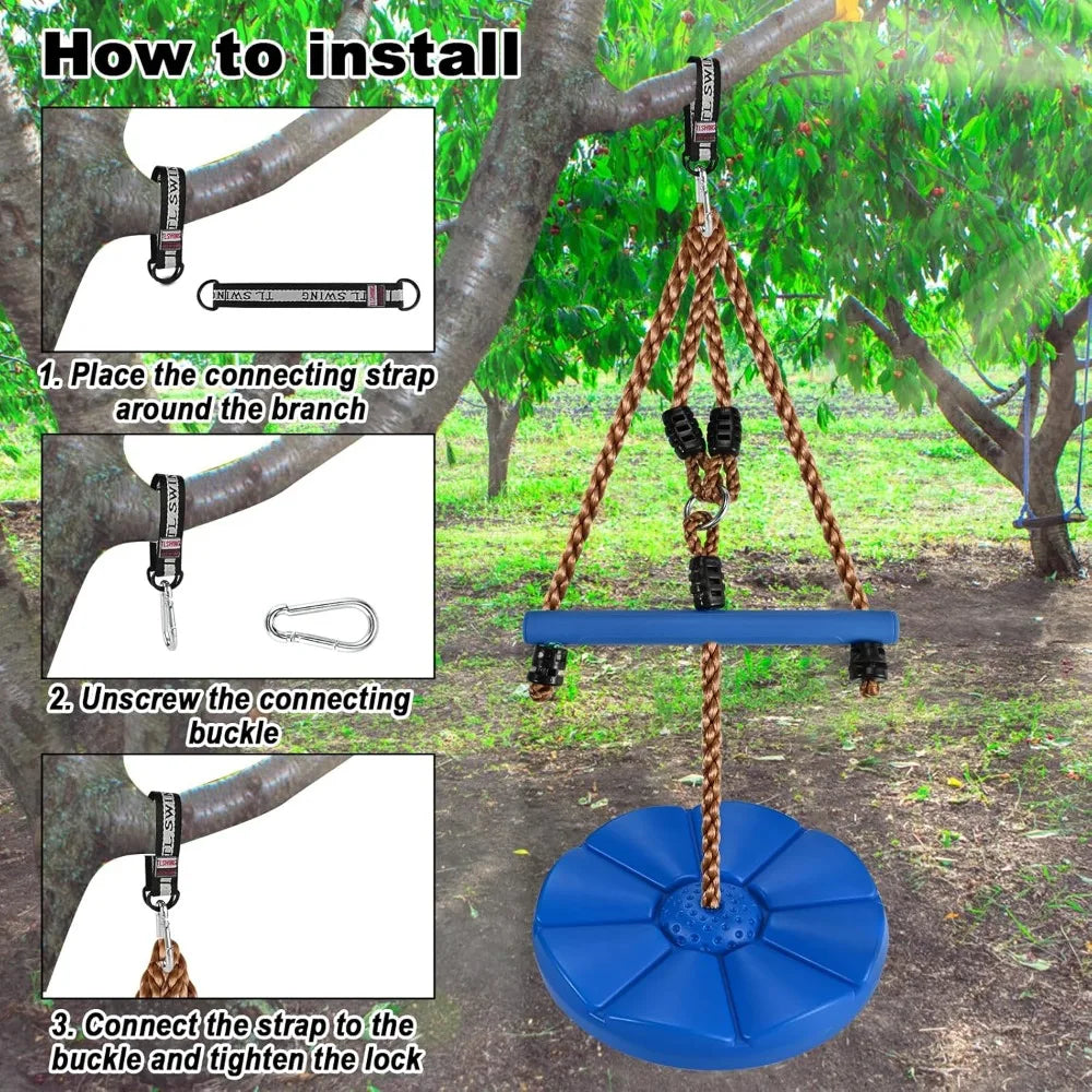 3 Piece Outdoor Swing Set With Adjustable Ropes Disc Swing And Monkey Bars