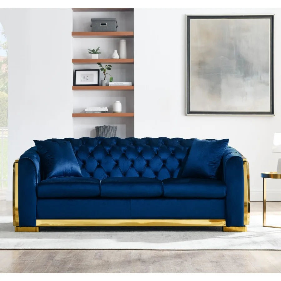 Velvet Chesterfield Sofa Set 3 Seat Tufted 84Inch Navy Blue
