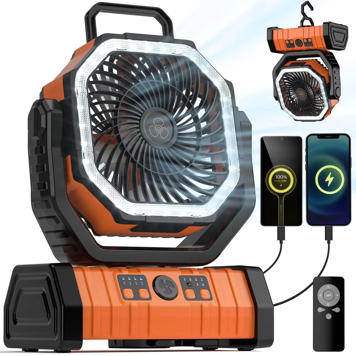 Camping Fan 20000mAh Battery Powered Fan Rechargeable with LED Light Portable Outdoor Tent Fan with Hanging Hook