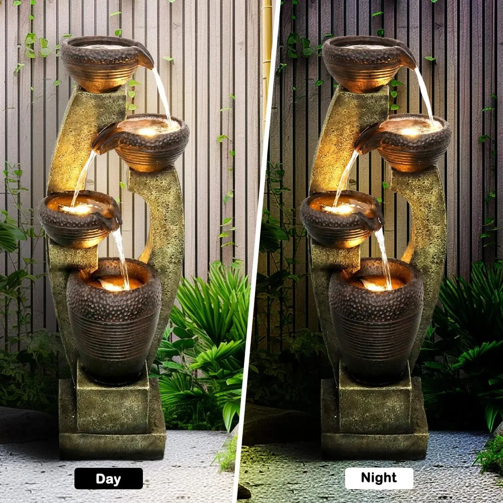 40” H Modern Outdoor Fountain - 4 Crocks Outdoor Garden Fountains With Contemporary Design&led Light For Garden, Patio,