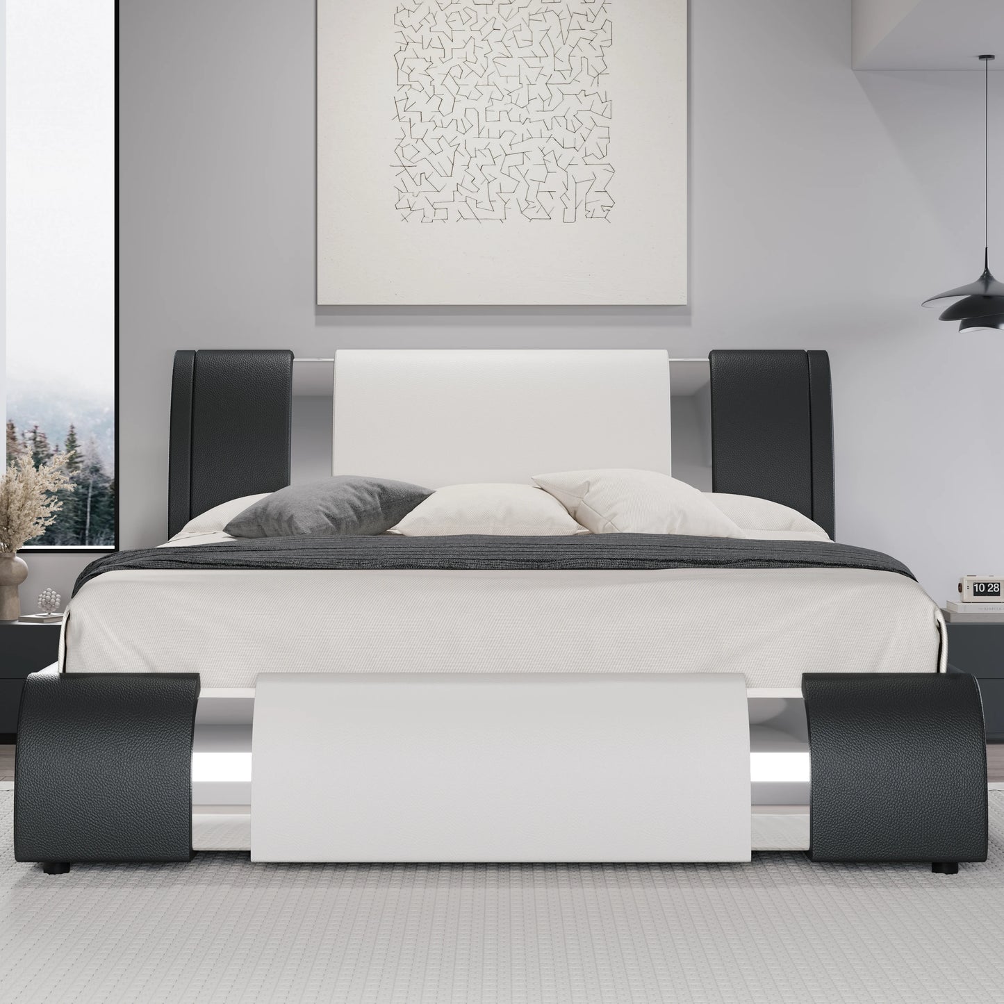 Hoomic Modern Faux Leather Platform Bed Frame With Height Adjustable Headboard