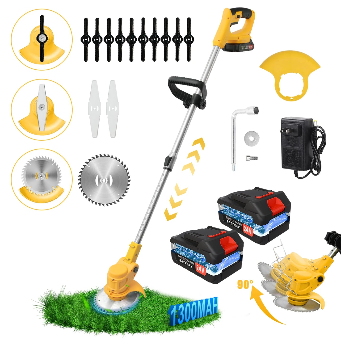 2-in-1 Cordless Electric Lawn Mower Brushless Edger Eater Grass String Trimmer Cutter 650W 18000 RPM With 24V Two Battery Adjustable For Garden Tool