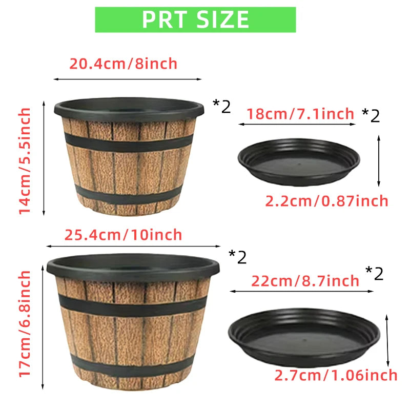 Indoor Large Flower Planter Resin Plant Pot Outdoor Imitation Wooden Barrel for Balcony Garden, Home Office Decor