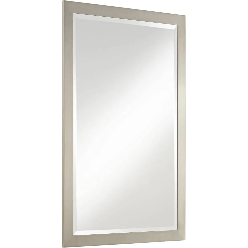 Metzeo Rectangular Vanity Decorative Wall Mirror Modern Brushed Nickel Silver Metal Frame Beveled Glass 33" Wide for Bathroom B