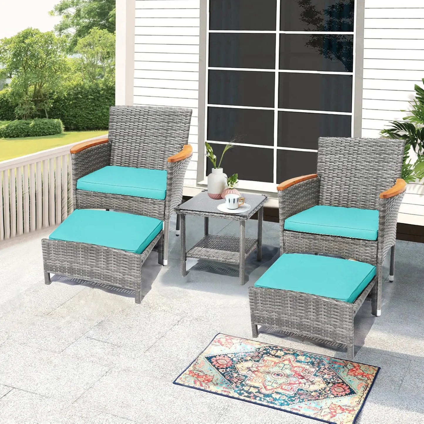 5 Piece Outdoor Patio Set With Table And Ottoman Wicker