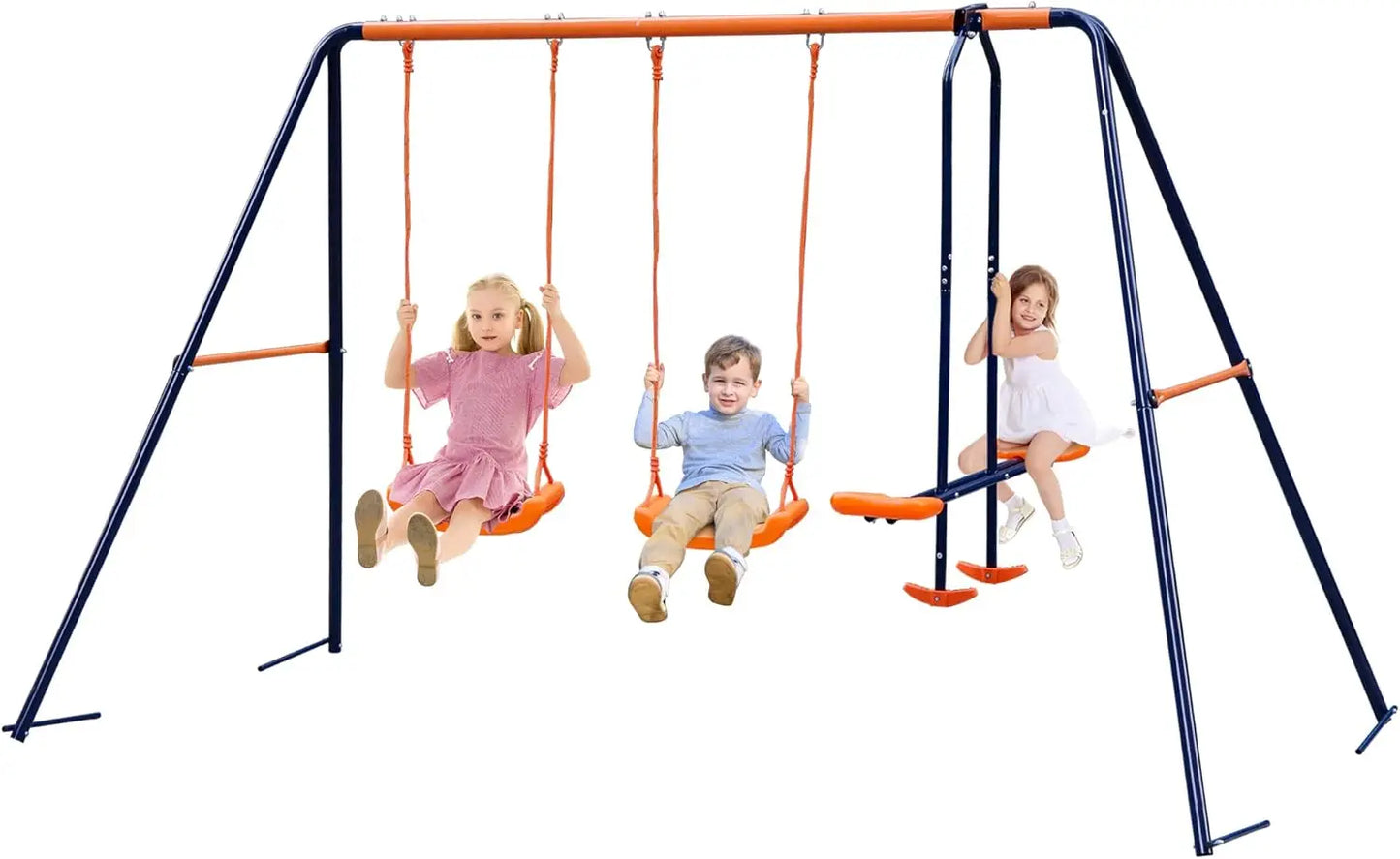 Outdoor Metal Swing Set for Kids, Heavy-Duty Metal Playground Set with Swings, Climbing Ladder, Trapeze Bar & Basketball Hoop, 6