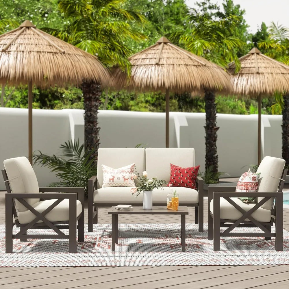 "4-Piece Patio Furniture Set, Outdoor Sectional Metal Conversation Set with Loveseat & 2 Single Chairs – Ideal for Small Spaces