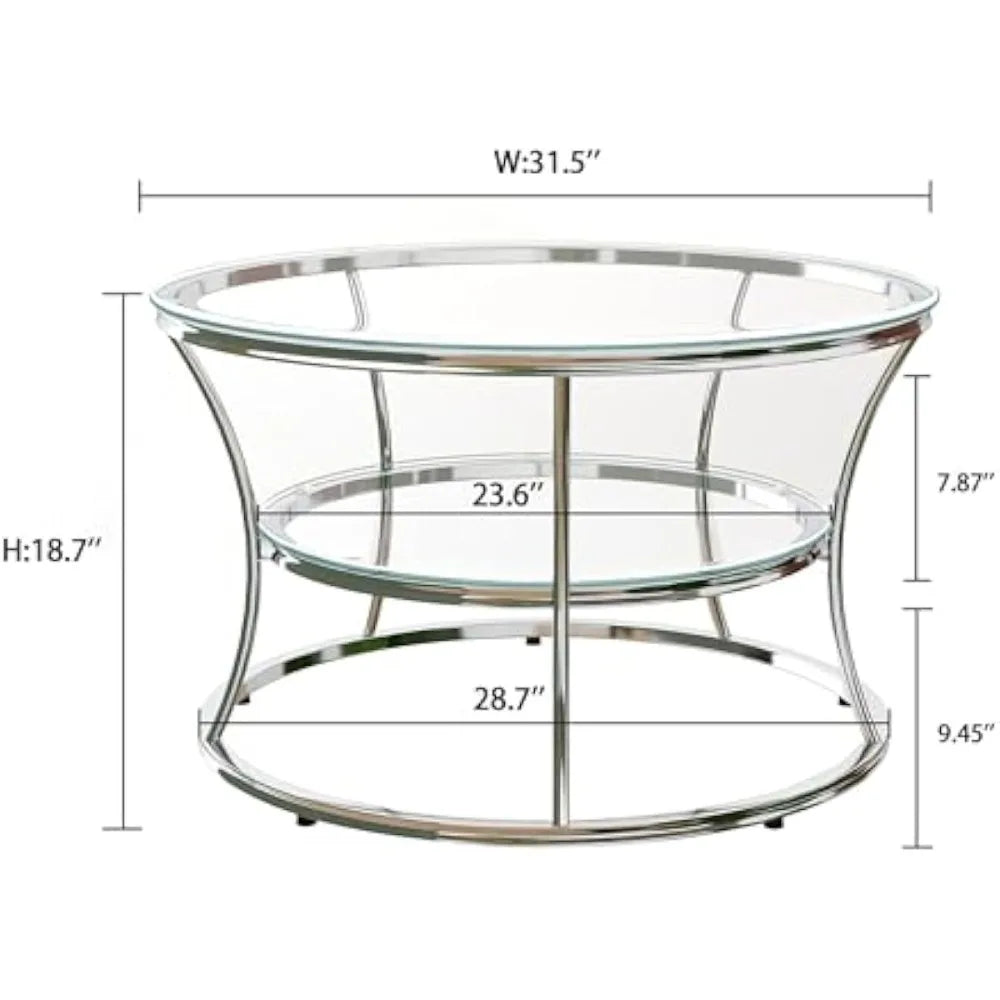 O&K FURNITURE Glass Coffee Table, 2-Tier Modern Living Room Table with Shelf, Tempered Glass & Chrome Frame, Silver Center Table