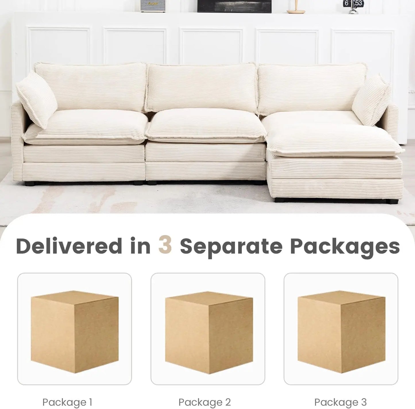 112 Inch 4 Seat Corduroy Sofa Set Convertible L Shaped Beige