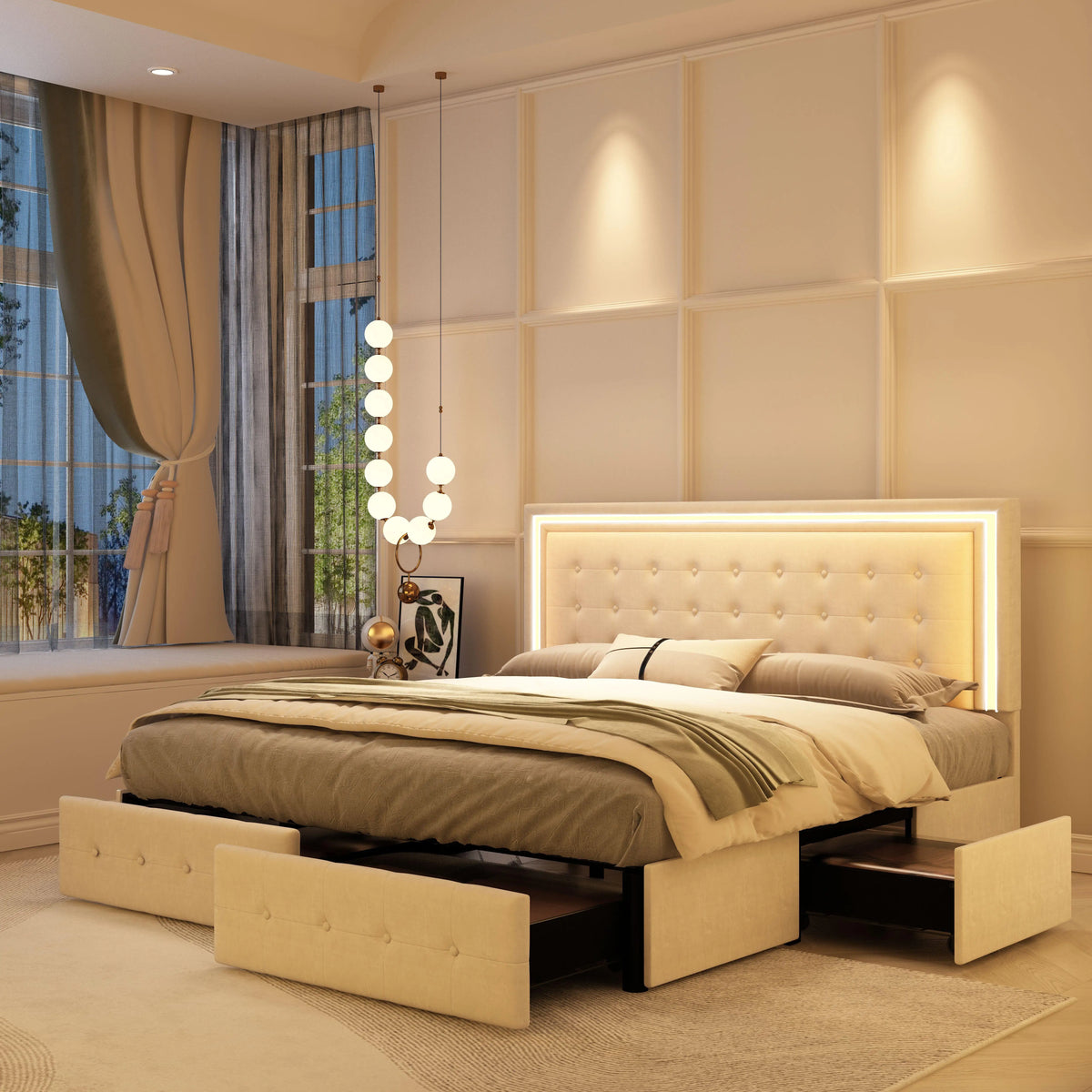 Queen LED Bed Frame With 4 Storage Drawers Modern Upholstered Heavy Duty