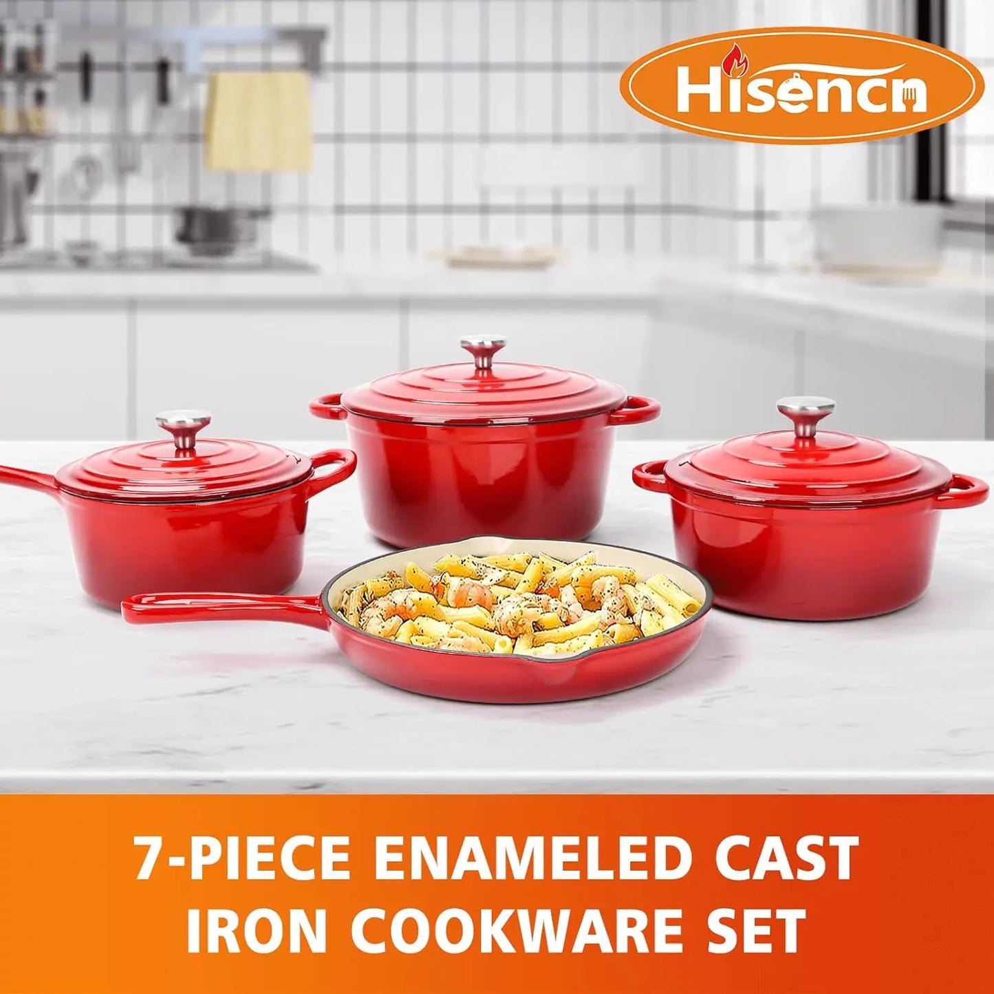 Enameled Cast Iron Cookware Set - 7 Piece Dutch Ovens Set, Sauce Pan, Skillet, 3 Lids, Pots and Pans Set, Ceramic Coated Cast I