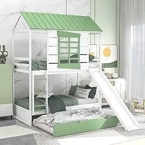 Twin Over Twin Bunk Bed with 2 Drawers, 1 Storage Box, 1 Shelf, Window and Roof, Wood Playhouse Bed Frame for Kids Boys Girls Te