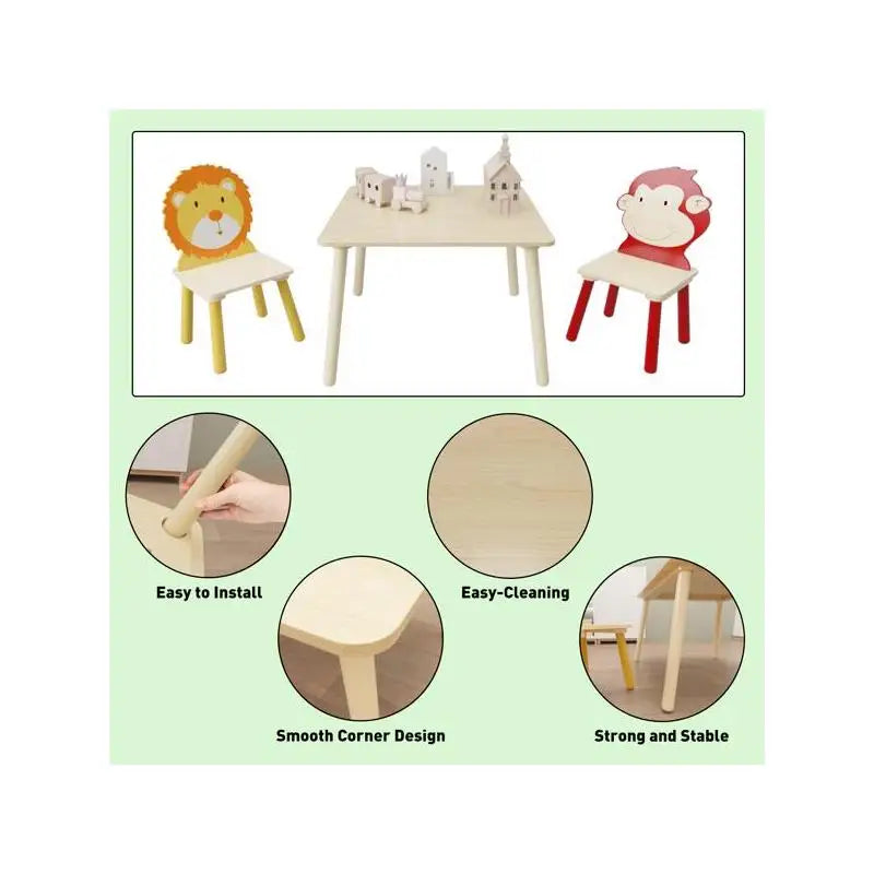3-Piece Kids Table and Chairs Set, Wooden Play Activity Furniture for Toddlers (Lion & Monkey Design)