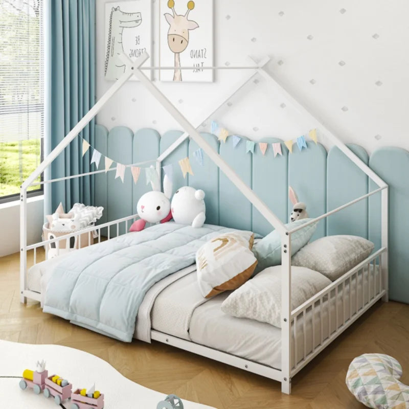 Flat Bed House Shape with Side Guardrails Twin Children's Iron Bed Home Furniture Children Bed
