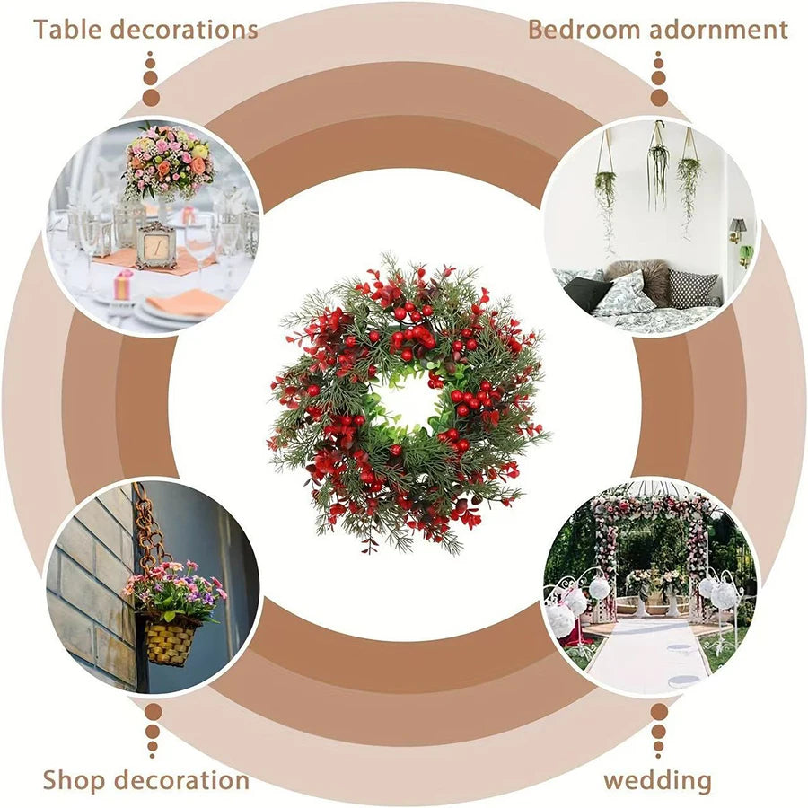 1Pc, Charming 13.8in Christmas Wreath with Red Eucalyptus Berries - Perfect for Front Door, Fireplace Mantle & Window Decor