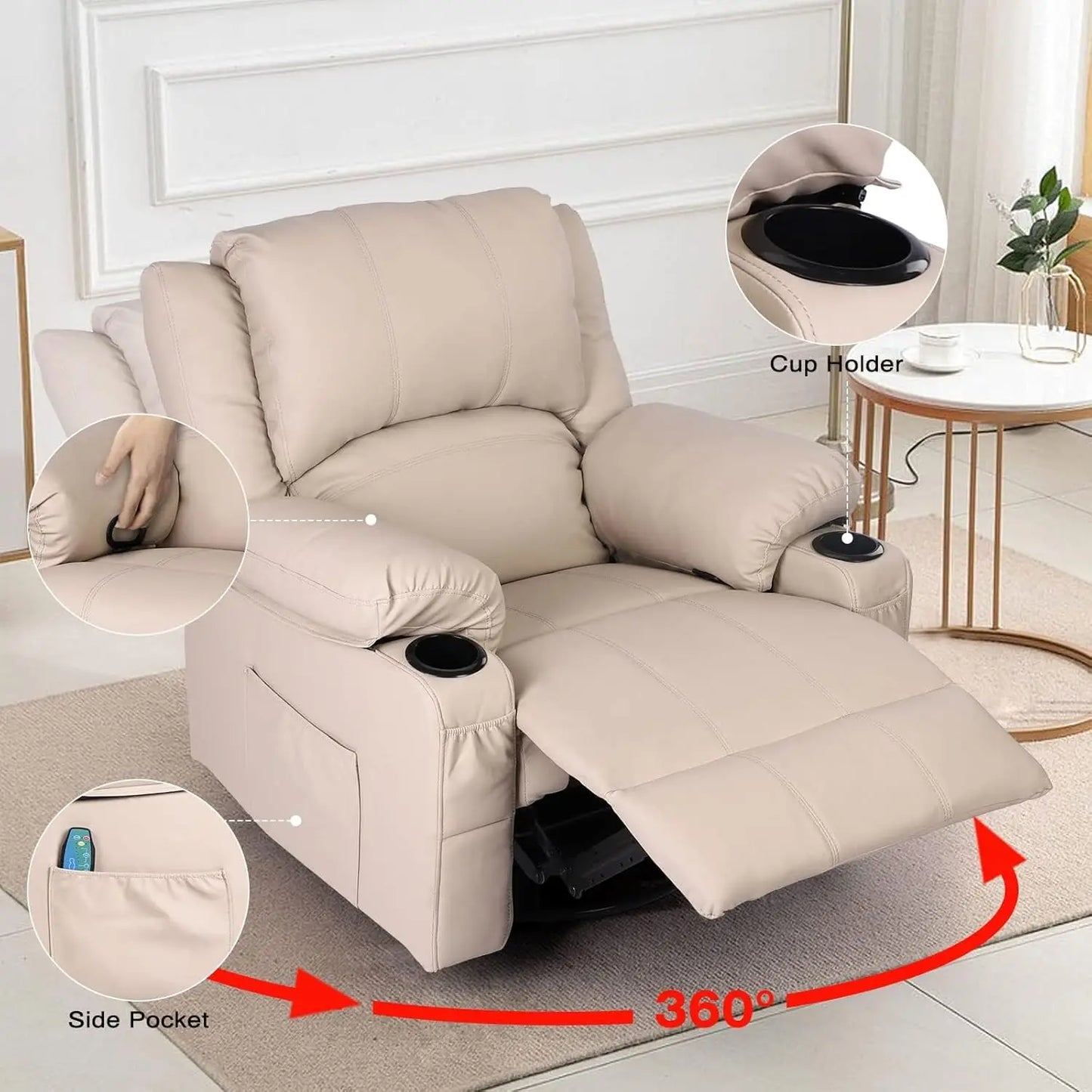 Rocker Recliner Chair with Massage and Heated,Overstuffed Leather Swivel Rocking Recliner Chairs for Adults, Manual Lounge Chair