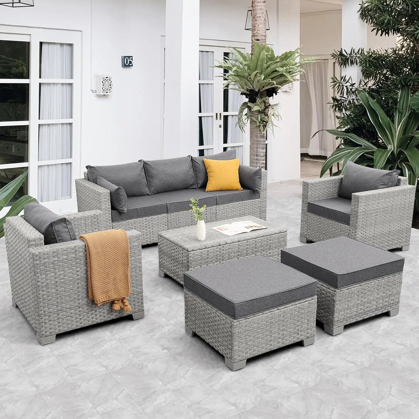 Patio Furniture Set 6 Piece Outdoor Patio Set Wicker Balcony Furniture Conversation Sets PE Rattan Couch Sofa with Coffee Table