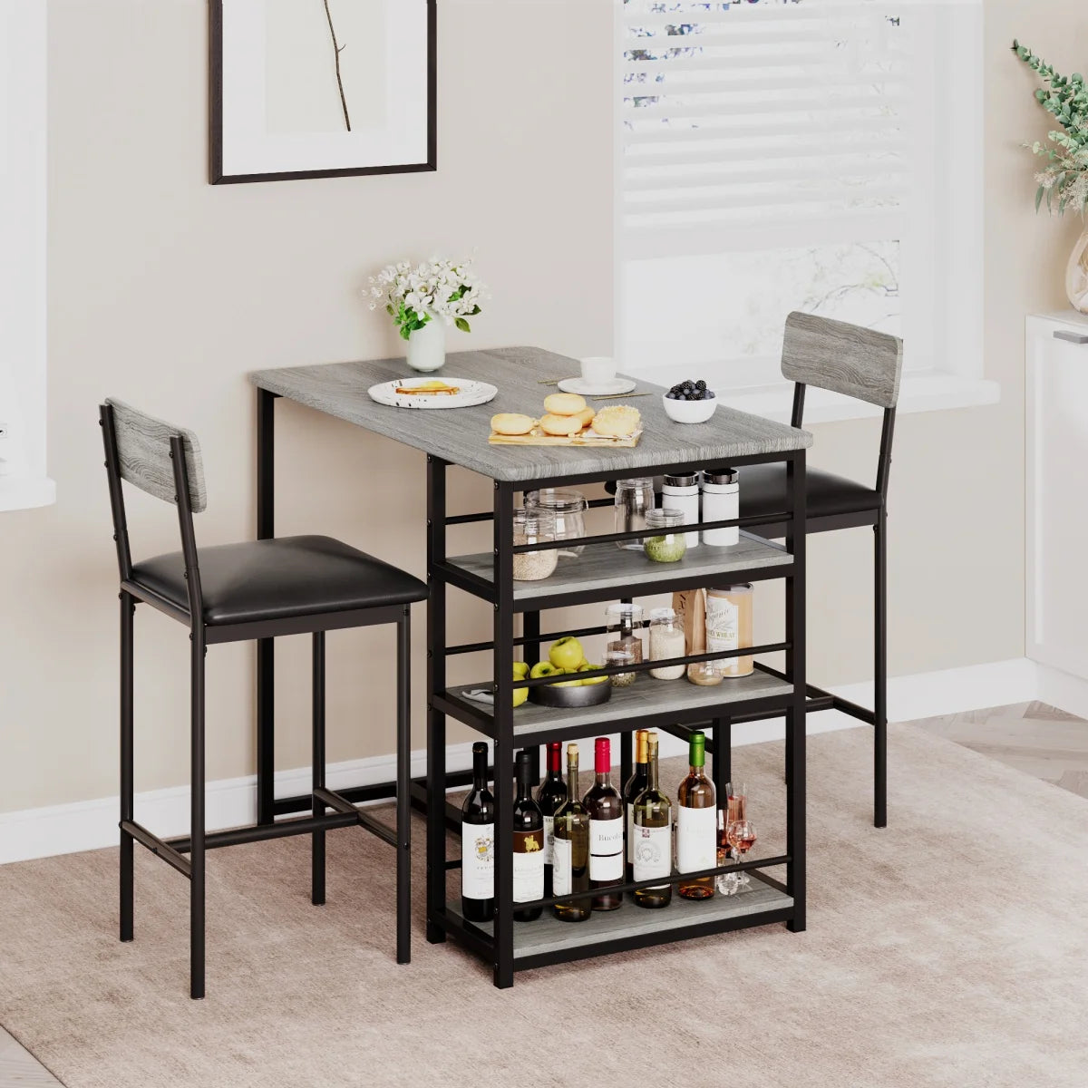 2-Person Dining Table Set,Bar Table with 2 Upholstered Chairs &3 Storage Shelves Small Space Kitchen Table for Apartment,Pub Sty