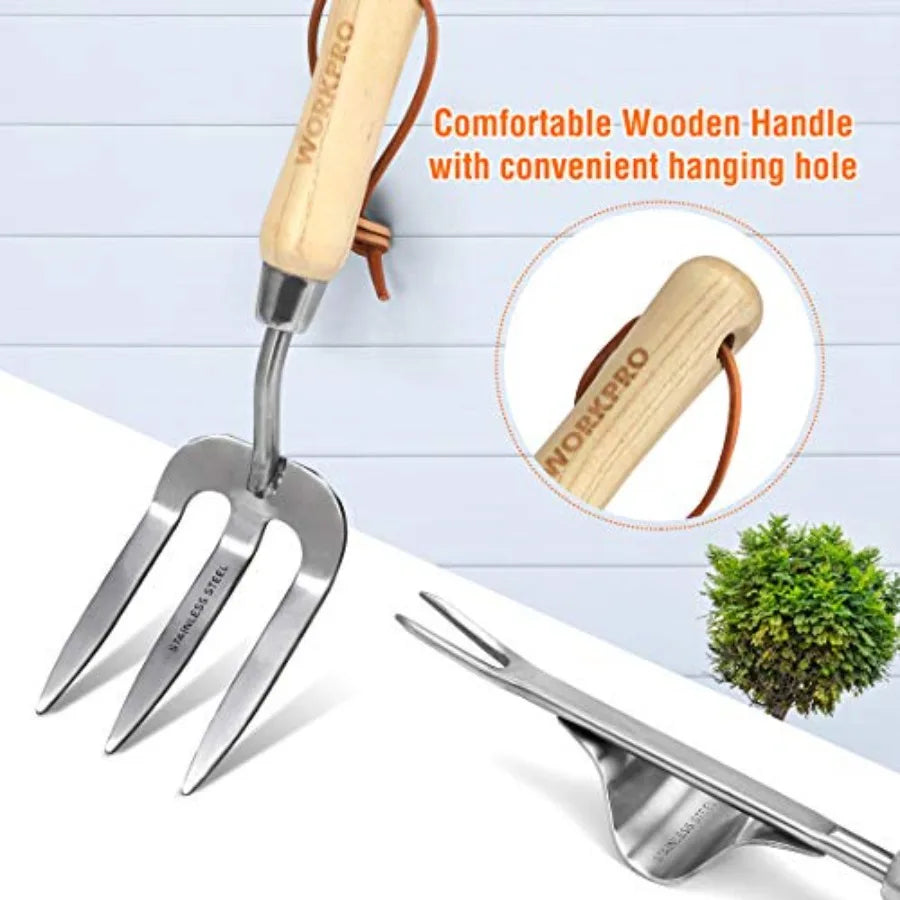 8 Piece Garden Tools Set Stainless Steel Heavy Duty With Wooden Handles Tote